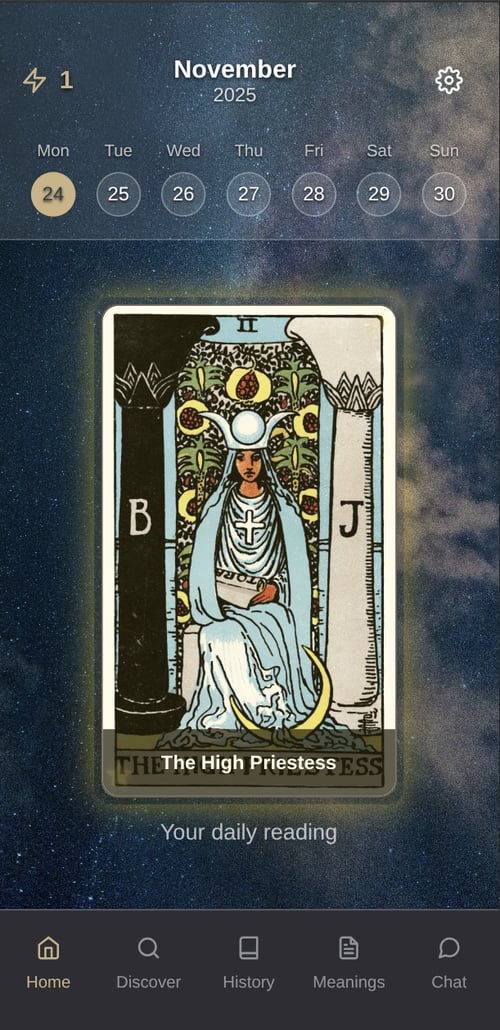 4 of Cups app showing daily tarot reading with The High Priestess card