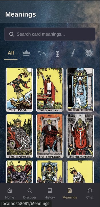 Tarot card meanings library showing Major Arcana cards
